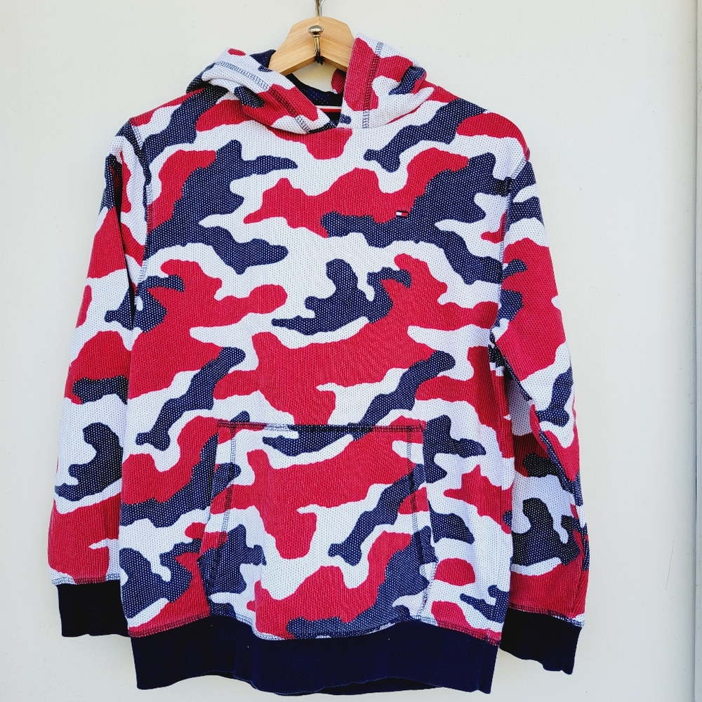 Tommy Hilfiger Boys blue white and red camouflage hoodie Size XL